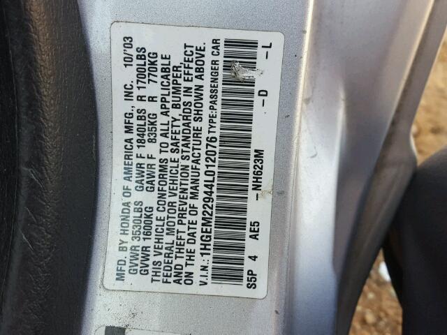 1HGEM22944L012076 - 2004 HONDA CIVIC EX SILVER photo 10