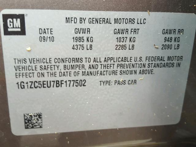 1G1ZC5EU7BF177502 - 2011 CHEVROLET MALIBU 1LT CHARCOAL photo 10