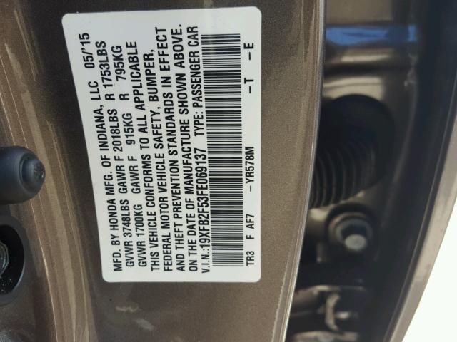 19XFB2F53FE069137 - 2015 HONDA CIVIC LX BROWN photo 10