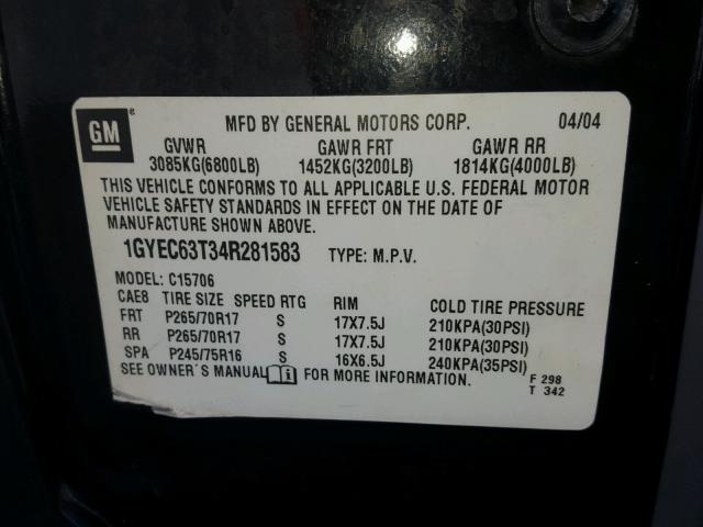 1GYEC63T34R281583 - 2004 CADILLAC ESCALADE L BLACK photo 10