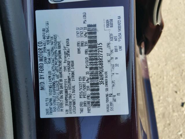 3FAHP0JG8BR272315 - 2011 FORD FUSION SEL PURPLE photo 10