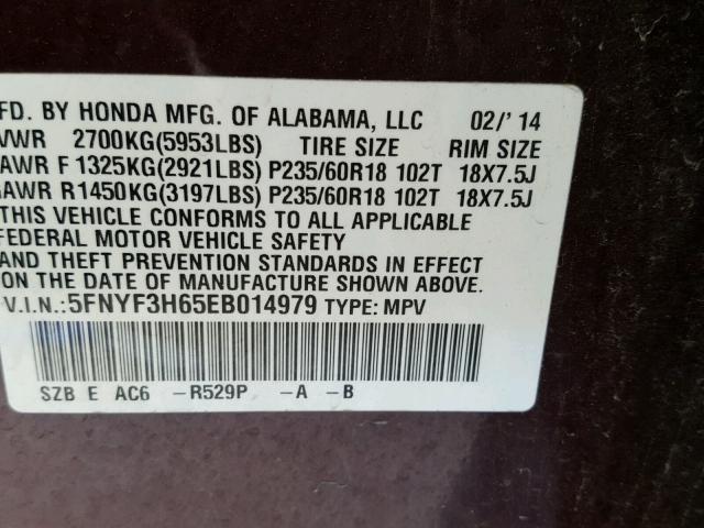 5FNYF3H65EB014979 - 2014 HONDA PILOT EXL MAROON photo 10