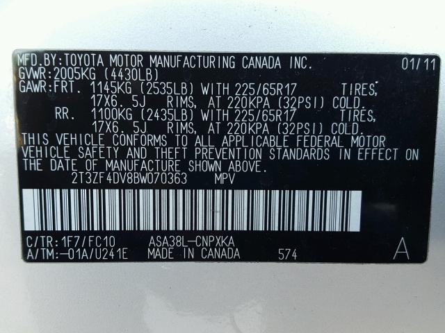 2T3ZF4DV8BW070363 - 2011 TOYOTA RAV4 SILVER photo 10