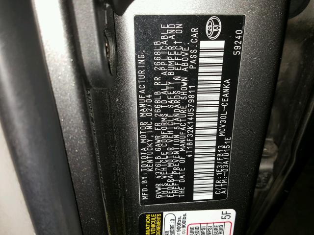 4T1BF32K14U579811 - 2004 TOYOTA CAMRY LE 灰色 照片 10