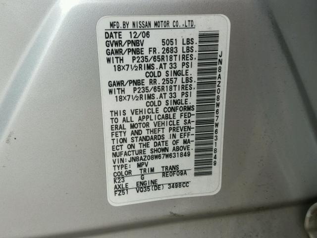 JN8AZ08W67W631849 - 2007 NISSAN MURANO SL SILVER photo 10