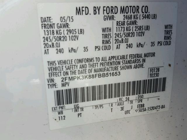 2FMPK3K88FBB51653 - 2015 FORD EDGE TITAN WHITE photo 10