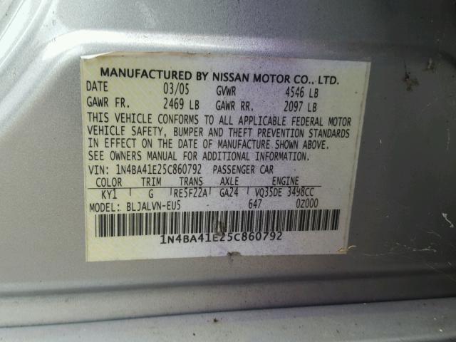 1N4BA41E25C860792 - 2005 NISSAN MAXIMA SE TWO TONE photo 10