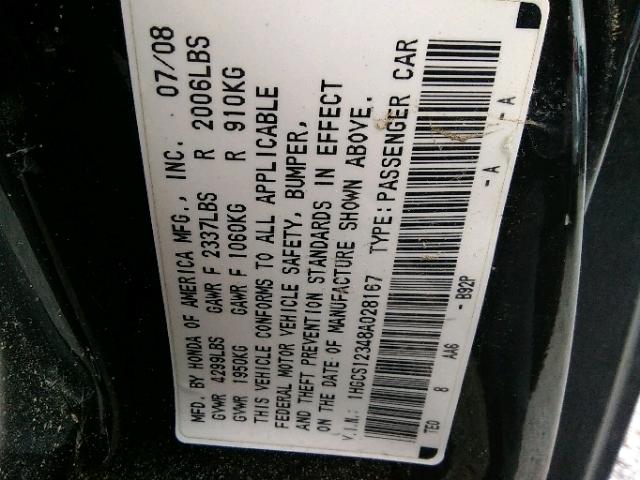 1HGCS12348A028167 - 2008 HONDA ACCORD LX- BLACK photo 10