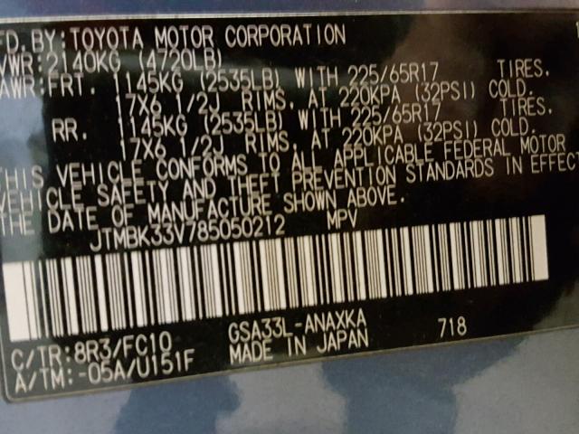 JTMBK33V785050212 - 2008 TOYOTA RAV4 BLUE photo 10