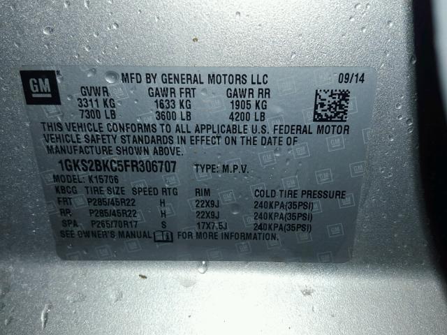 1GKS2BKC5FR306707 - 2015 GMC YUKON SLT SILVER photo 10