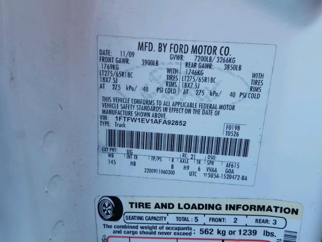 1FTFW1EV1AFA92852 - 2010 FORD F150 SUPER WHITE photo 10