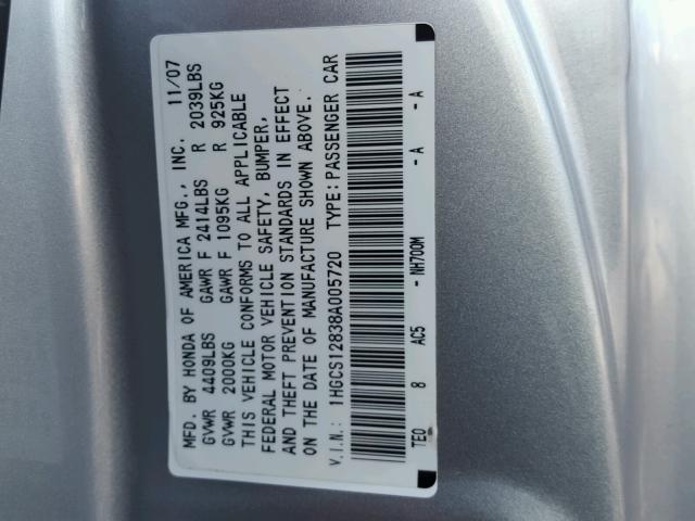 1HGCS12838A005720 - 2008 HONDA ACCORD EXL SILVER photo 10