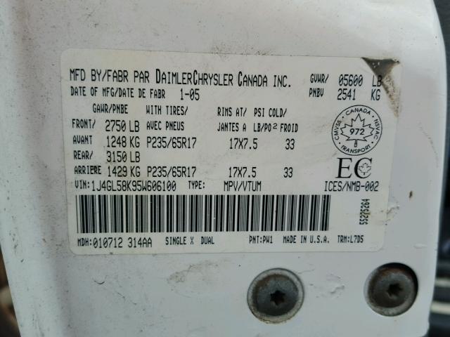 1J4GL58K95W606100 - 2005 JEEP LIBERTY LI WHITE photo 10