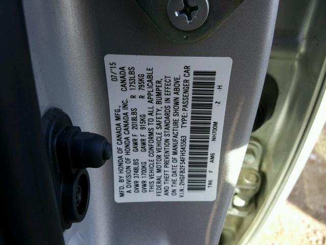 2HGFB2F54FH545563 - 2015 HONDA CIVIC LX SILVER photo 10