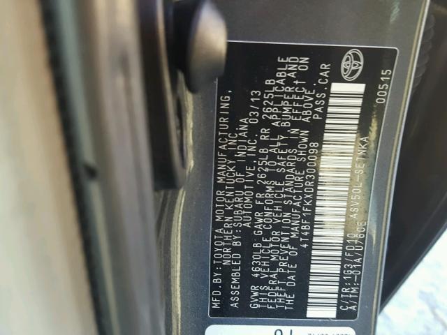 4T4BF1FKXDR300098 - 2013 TOYOTA CAMRY L GRAY photo 10