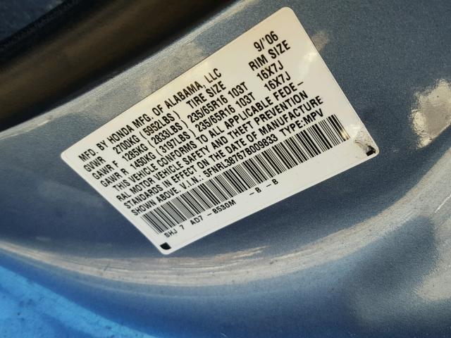 5FNRL38767B009833 - 2007 HONDA ODYSSEY EX BLUE photo 10