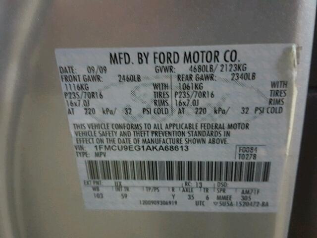 1FMCU9EG1AKA68613 - 2010 FORD ESCAPE LIM SILVER photo 10