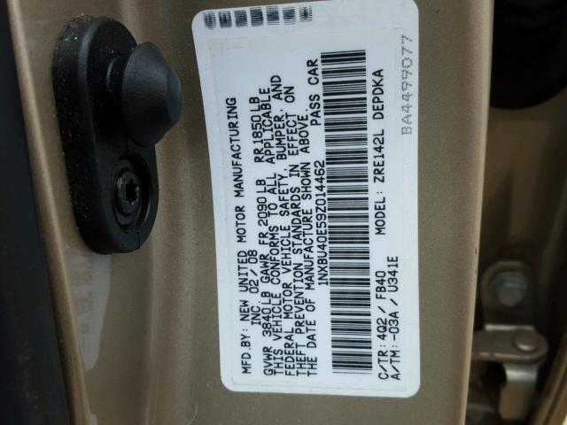 1NXBU40E59Z014462 - 2009 TOYOTA COROLLA BA GOLD photo 10