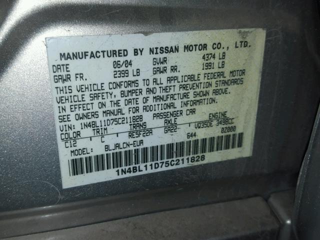 1N4BL11D75C211828 - 2005 NISSAN ALTIMA SE SILVER photo 10