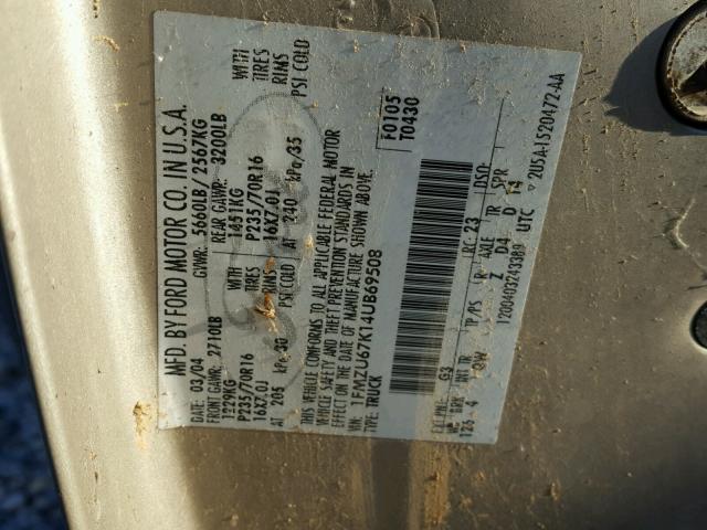 1FMZU67K14UB69508 - 2004 FORD EXPLORER S 金色 照片 10