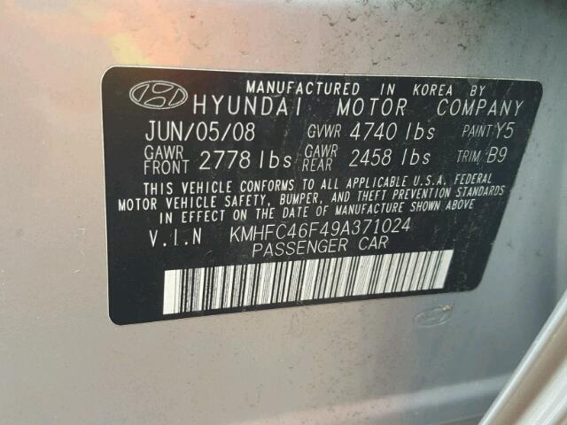 KMHFC46F49A371024 - 2009 HYUNDAI AZERA SE SILVER photo 10