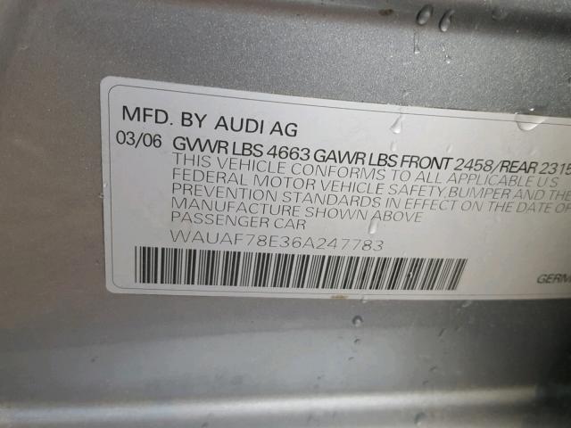 WAUAF78E36A247783 - 2006 AUDI A4 2 GRAY photo 10