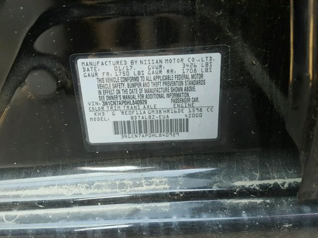 3N1CN7AP0HL840929 - 2017 NISSAN VERSA S BLACK photo 10