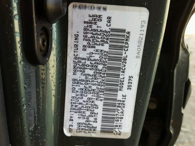 4T1BE32K54U305482 - 2004 TOYOTA CAMRY LE GREEN photo 10