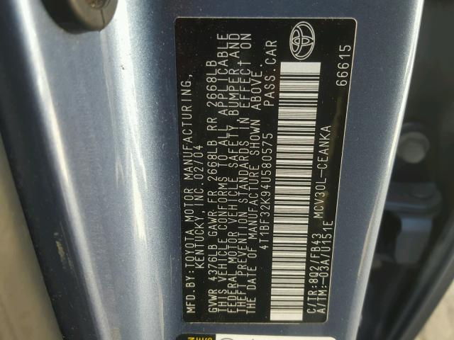 4T1BF32K94U580575 - 2004 TOYOTA CAMRY LE ლურჯი ფოტო 10