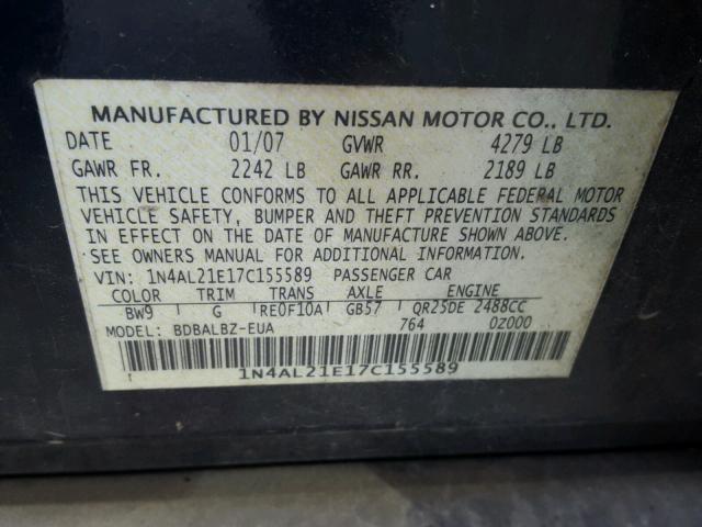 1N4AL21E17C155589 - 2007 NISSAN ALTIMA 2.5 BLUE photo 10