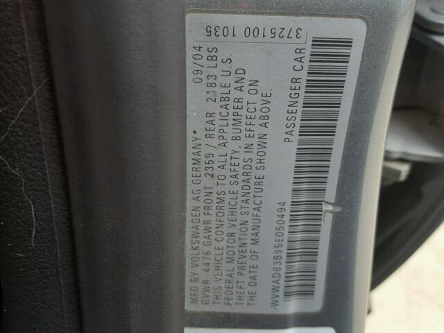 WVWAD63B95E050494 - 2005 VOLKSWAGEN PASSAT GLS GRAY photo 10