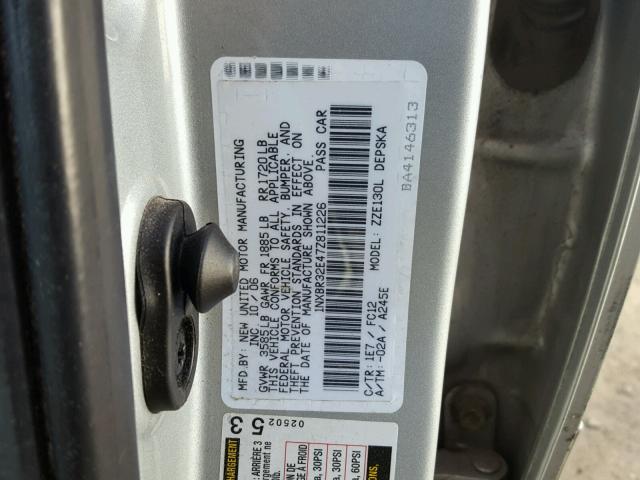 1NXBR32E47Z811226 - 2007 TOYOTA COROLLA CE SILVER photo 10