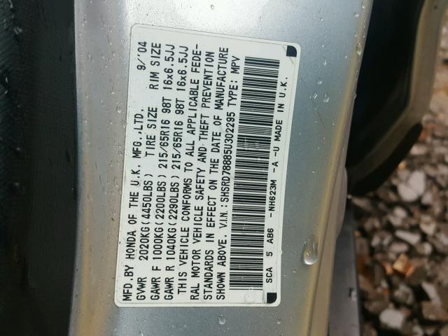 SHSRD78885U302295 - 2005 HONDA CR-V EX SILVER photo 10