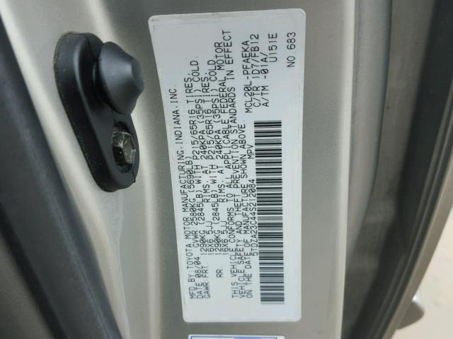 5TDZA23C44S212084 - 2004 TOYOTA SIENNA CE SILVER photo 10