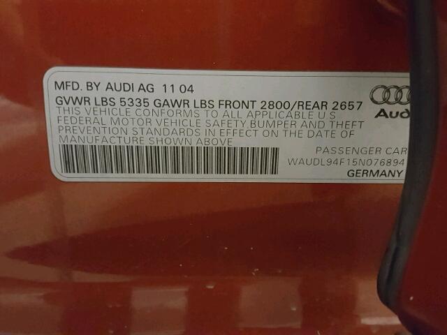 WAUDL94F15N076894 - 2005 AUDI A6 4.2 QUA ORANGE photo 10