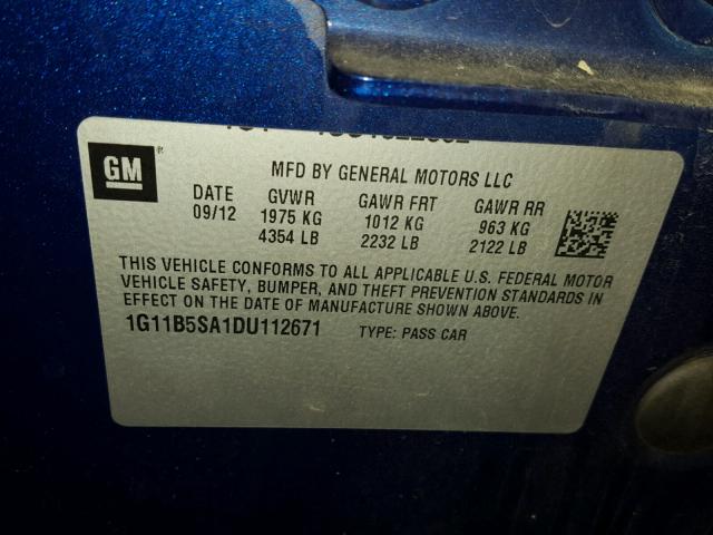 1G11B5SA1DU112671 - 2013 CHEVROLET MALIBU LS Mavi foto 10