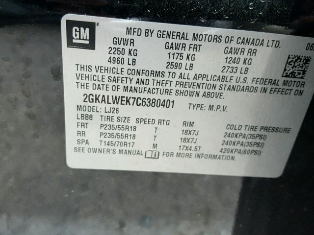 2GKALWEK7C6380401 - 2012 GMC TERRAIN SL BLACK photo 10