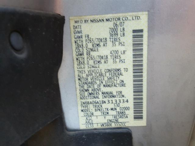 1N6BA06A18N313334 - 2008 NISSAN TITAN XE SILVER photo 10