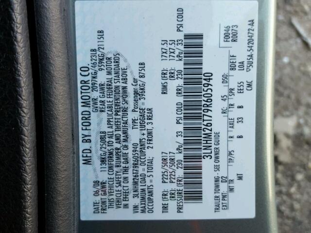 3LNHM26T79R605940 - 2009 LINCOLN MKZ GREEN photo 10