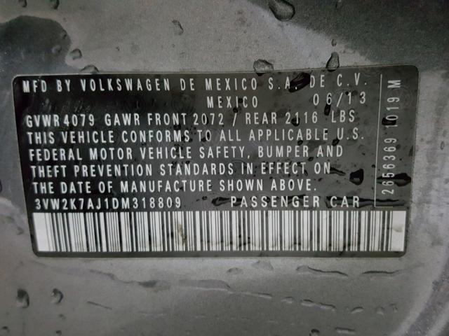 3VW2K7AJ1DM318809 - 2013 VOLKSWAGEN JETTA BASE 灰色 照片 10