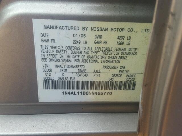 1N4AL11D05N465770 - 2005 NISSAN ALTIMA S SILVER photo 10