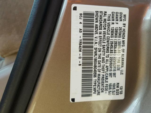 5FNRL186X4B049596 - 2004 HONDA ODYSSEY EX TAN photo 10