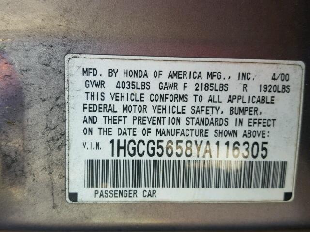 1HGCG5658YA116305 - 2000 HONDA ACCORD EX GRAY photo 10