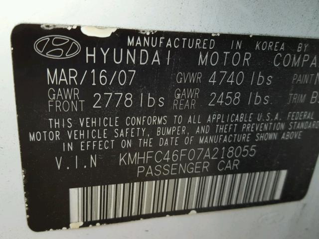 KMHFC46F07A218055 - 2007 HYUNDAI AZERA SE WHITE photo 10