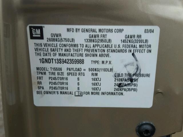 1GNDT13S942359988 - 2004 CHEVROLET TRAILBLAZE TAN photo 10