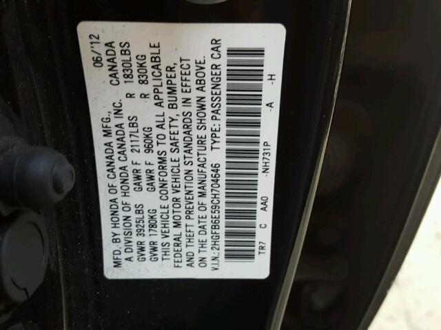 2HGFB6E59CH704646 - 2012 HONDA CIVIC SI BLACK photo 10