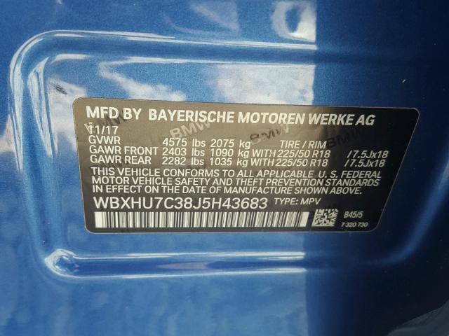 WBXHU7C38J5H43683 - 2018 BMW X1 SDRIVE2 BLUE photo 10