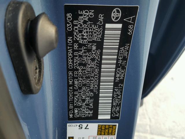 JTDKB20U987772596 - 2008 TOYOTA PRIUS BLUE photo 10