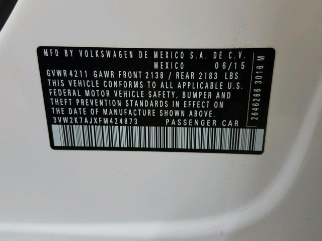 3VW2K7AJXFM424873 - 2015 VOLKSWAGEN JETTA BASE 白色 照片 10