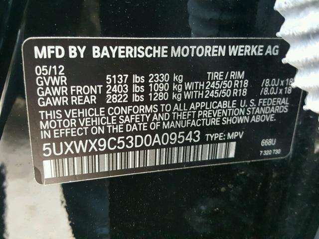 5UXWX9C53D0A09543 - 2013 BMW X3 XDRIVE2 BLACK photo 10